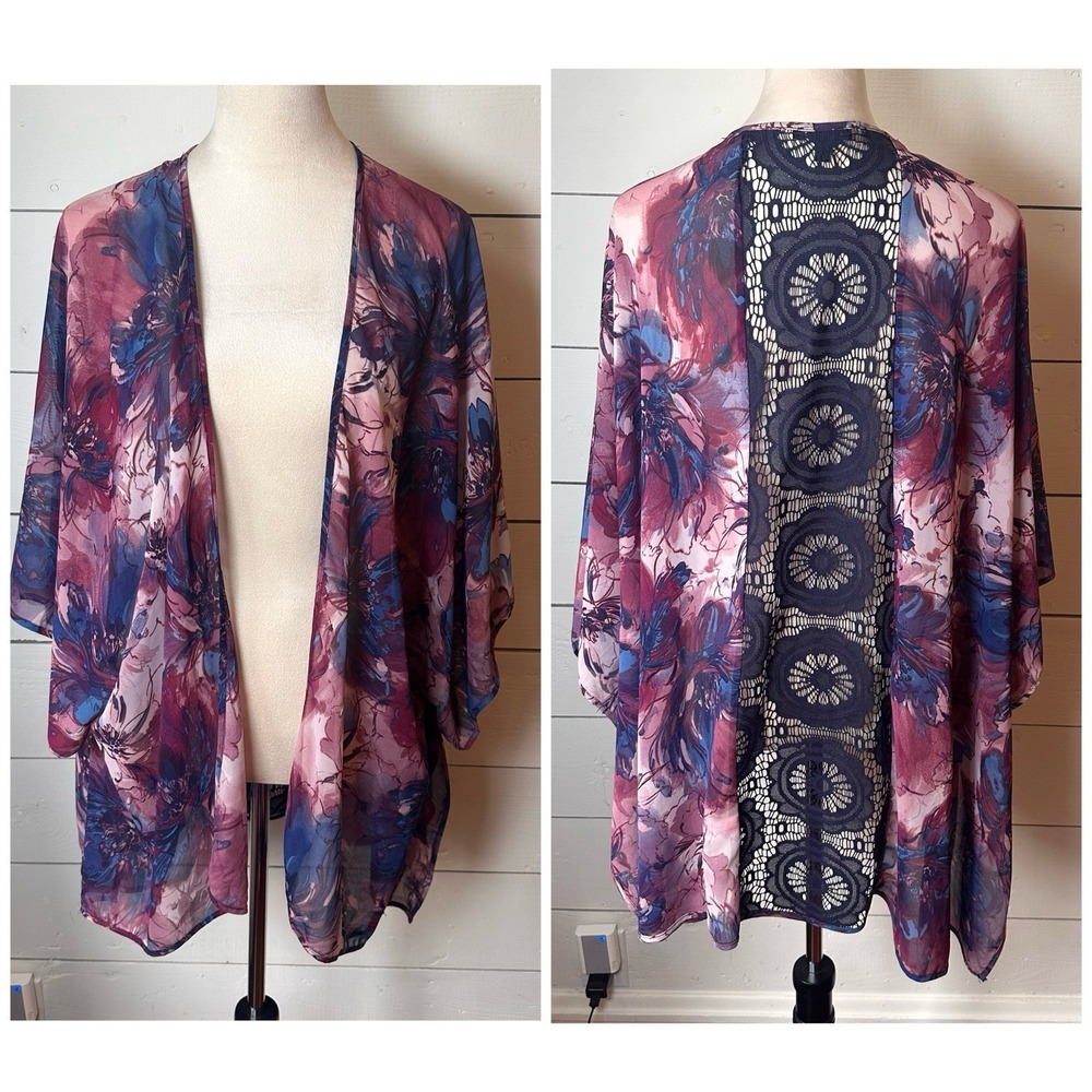 Sami‎ Jo Purple Watercolor Floral Lace  Kimono XL Topper Cardigan Boho Hippie